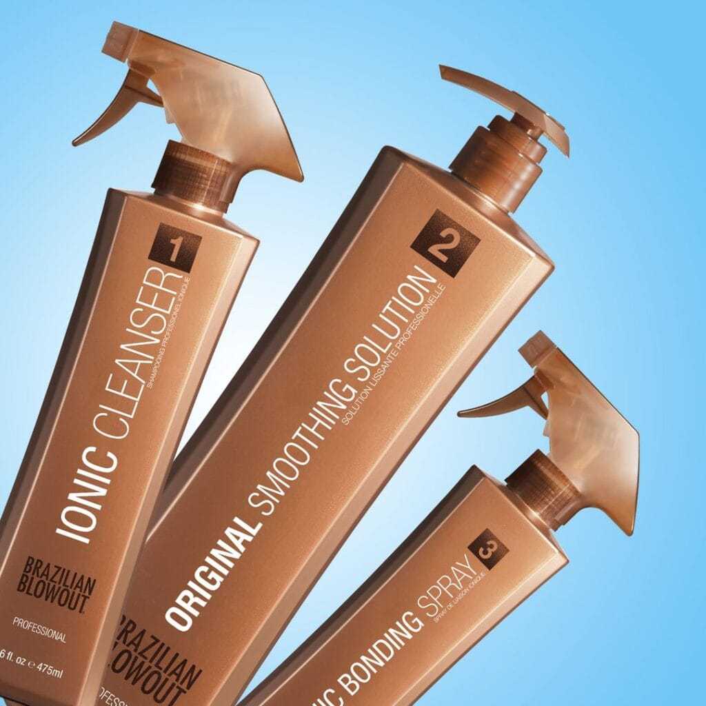 Haircare products for Brazilian blowout: Ionic Cleanser, Smoothing Solution, Bonding Spray.